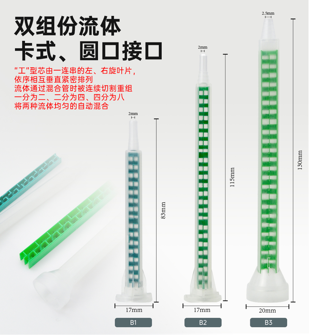 金士达B1/B2/B3环氧胶3M乐泰AB胶水24节方形混合嘴混胶嘴胶枪咀胶水混合工具内带绿色阶梯胶管胶嘴混合均匀