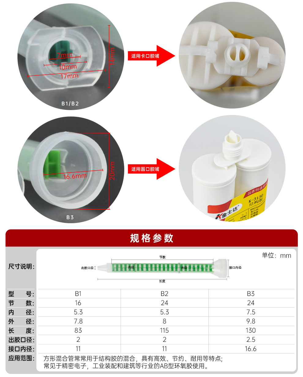 金士达B1/B2/B3环氧胶3M乐泰AB胶水24节方形混合嘴混胶嘴胶枪咀胶水混合工具内带绿色阶梯胶管胶嘴混合均匀